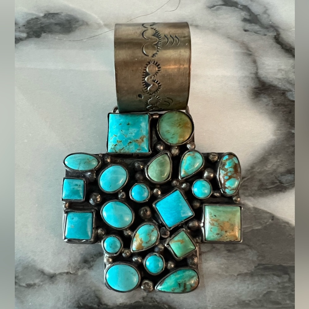 Beautiful, large, multiple blue and green turquoise, sterling silver Cross